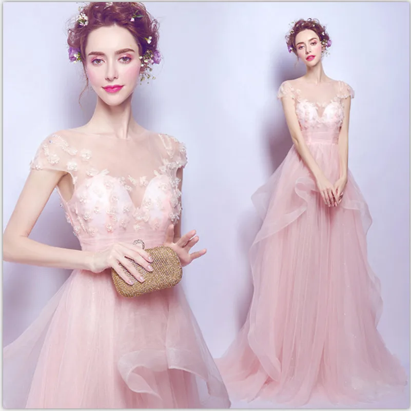 Женское вечернее платье со шлейфом розовое элегантное Прозрачное с рукавами