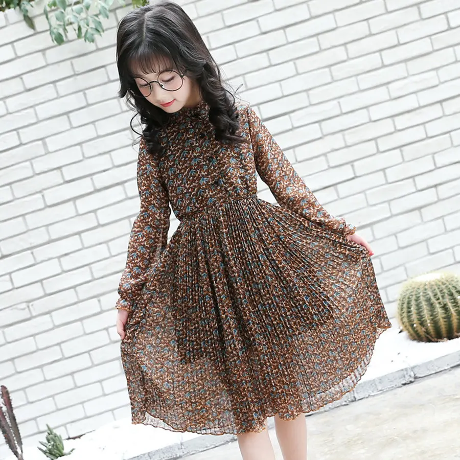 Summer Chiffon Long Sleeve Dress For Girls 8 9 10 11 12 13 14 Age Cute Holiday Dresses Teenage Print Flower Beach Children | Детская