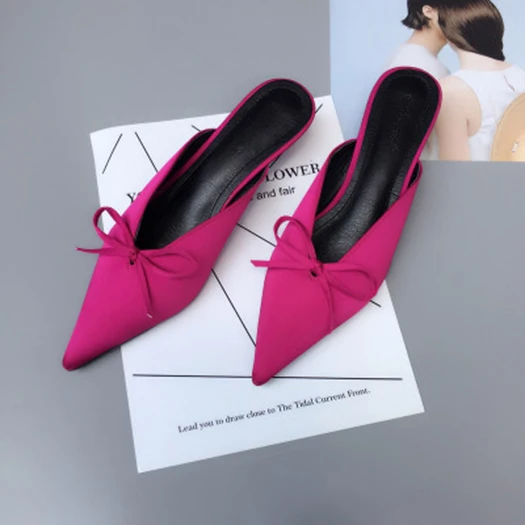 fuschia mules Японские туфли; туфли-лодочки на высоком каблуке с острым носком и бантом; Цвет белый; туфли-лодочки на низком каблуке; Зеленые атласные шлепанцы с низким ремешком; женские босоножки средней высоты - Цвет: fuschia mules