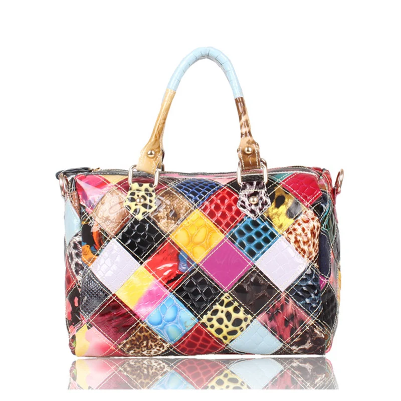 Новинка 2020 женские модные сумочки из лакированной кожи Лоскутная сумка через