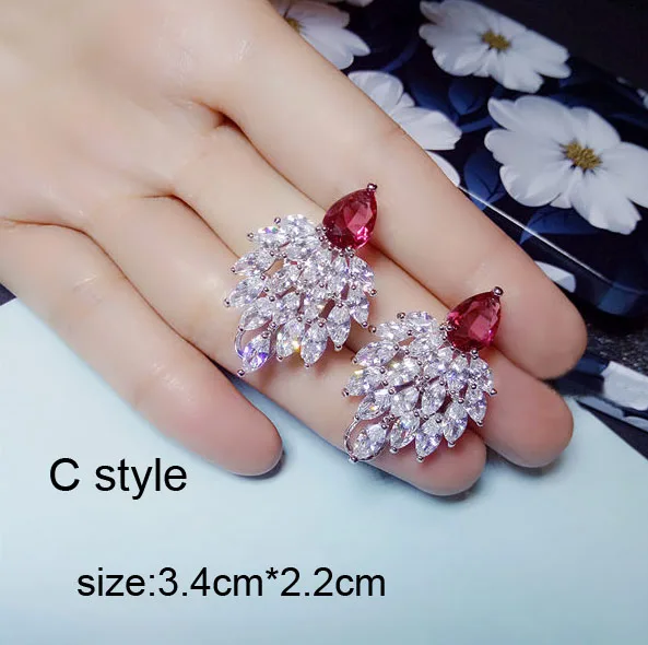 C style Роскошные длинные висячие серьги с розово-красным камнем в форме капли воды и цветка, ярко-розовые кубические циркония, женские вечерние ювелирные изделия на свадьбу, подарок - Окраска металла: C style