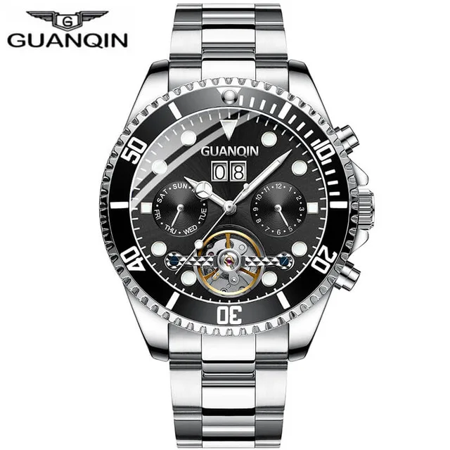 Silver Black Мужские часы Топ бренд класса люкс GUANQIN механические часы зеленый водонепроницаемый Дата Неделя reogios masculinos de luxo - Цвет: Silver Black