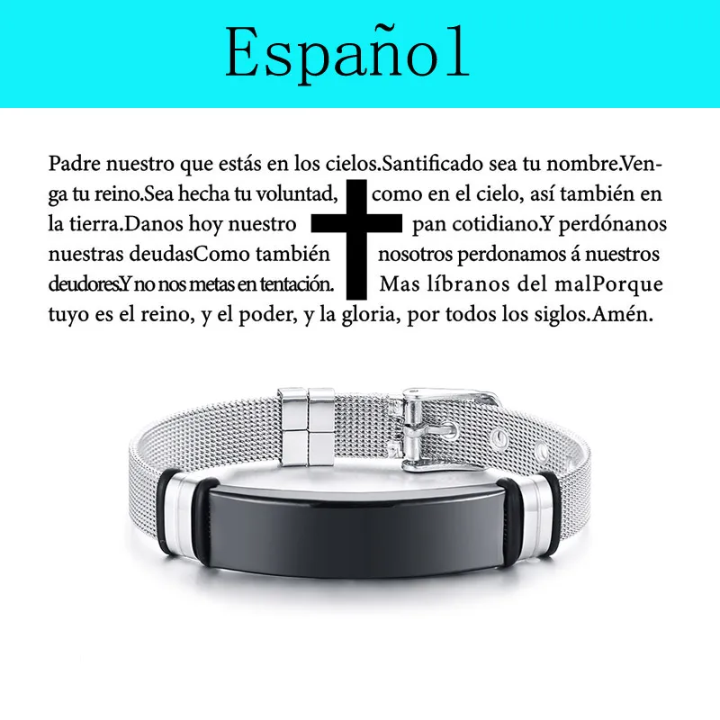 Spanish Engraved Christian Lord's Prayer Black Silicone Bracelet Men German French Hebrew Multi Language - Metal Color: Spanish