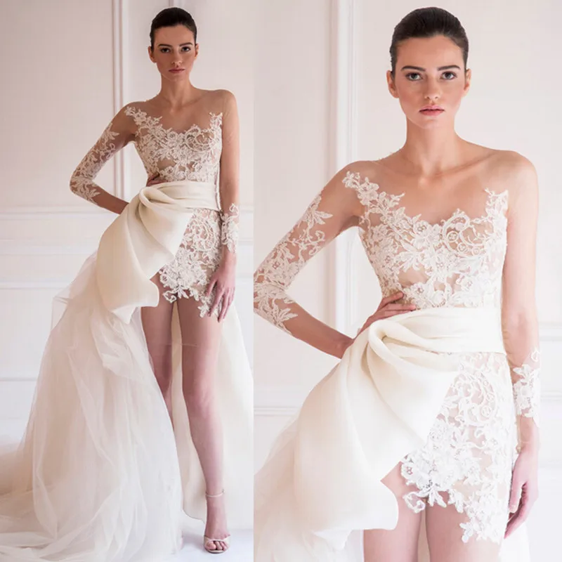 Асимметричная Двух Частей Свадебное Платье Съемная Поезд С Длинным Рукавом Sheer