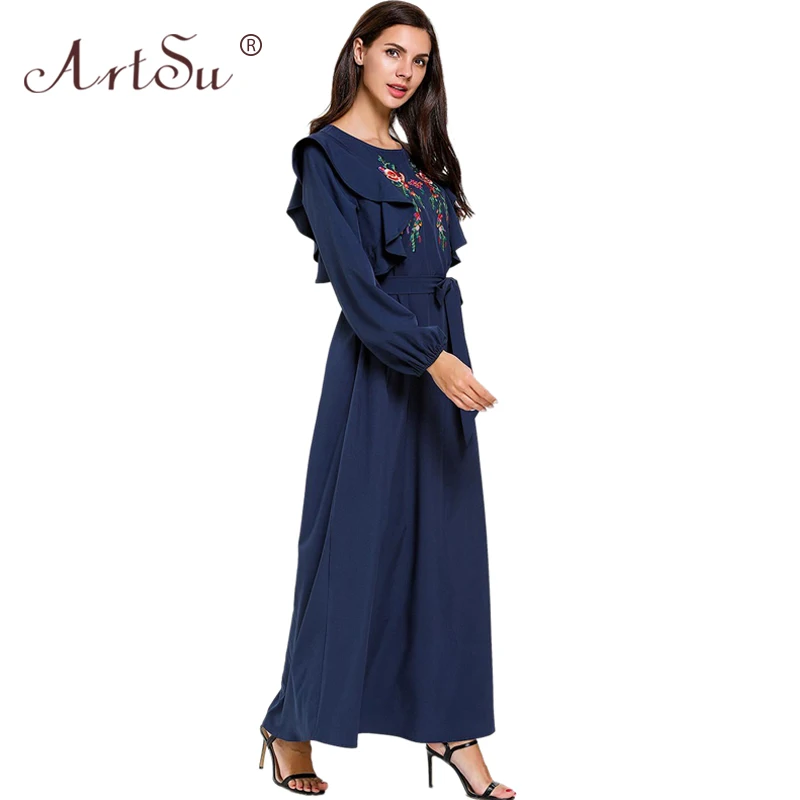 Женское платье макси с оборками ArtSu элегантное розовое длинным рукавом и