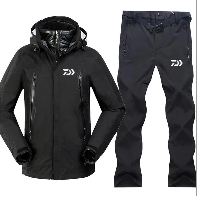 black set 1 Комплект из 3 предметов, новые комплекты одежды для рыбалки, мужской теплый набор спортивной одежды для активного отдыха, походная ветрозащитная одежда, куртка для рыбалки и штаны - Цвет: black set 1