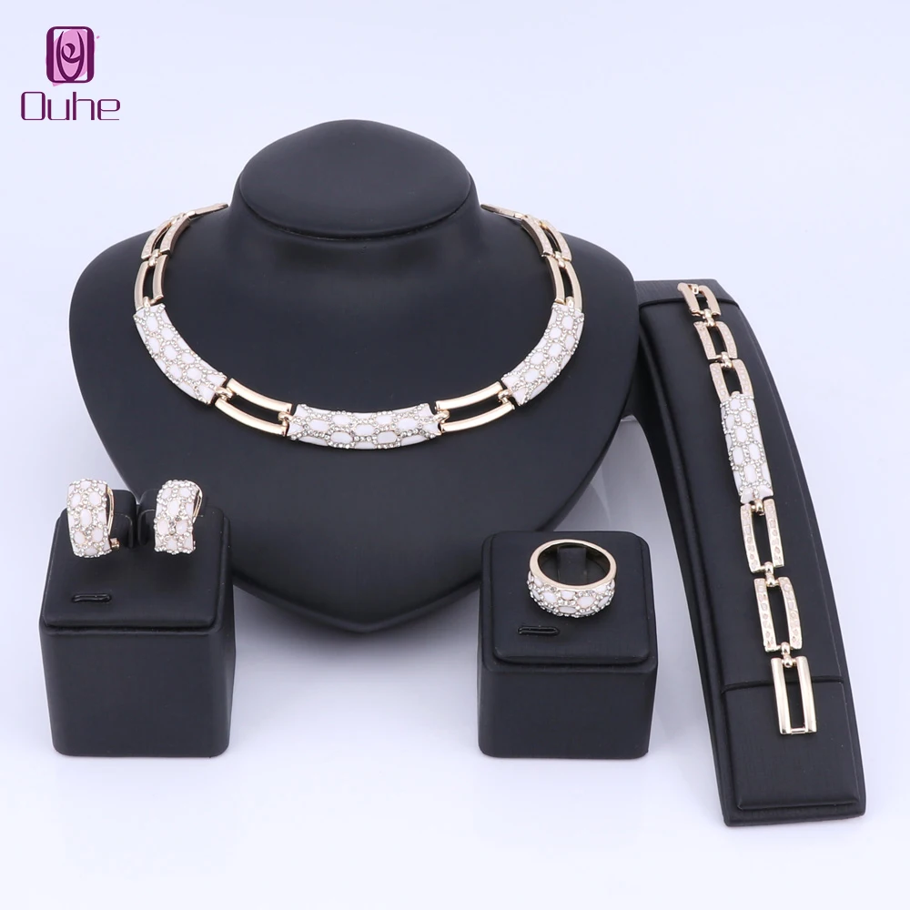 

Classic Gold Color African Beads Jewelry Sets for Women Wedding Bridal Prom Party Crystal Necklace Bracelet Earrings Ring Sets