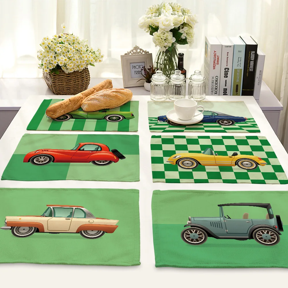 

Retro Wedding Cartoon Car Pattern Cotton and Linen Placemat Green Base Fabric European and American Rectangular Table Mat