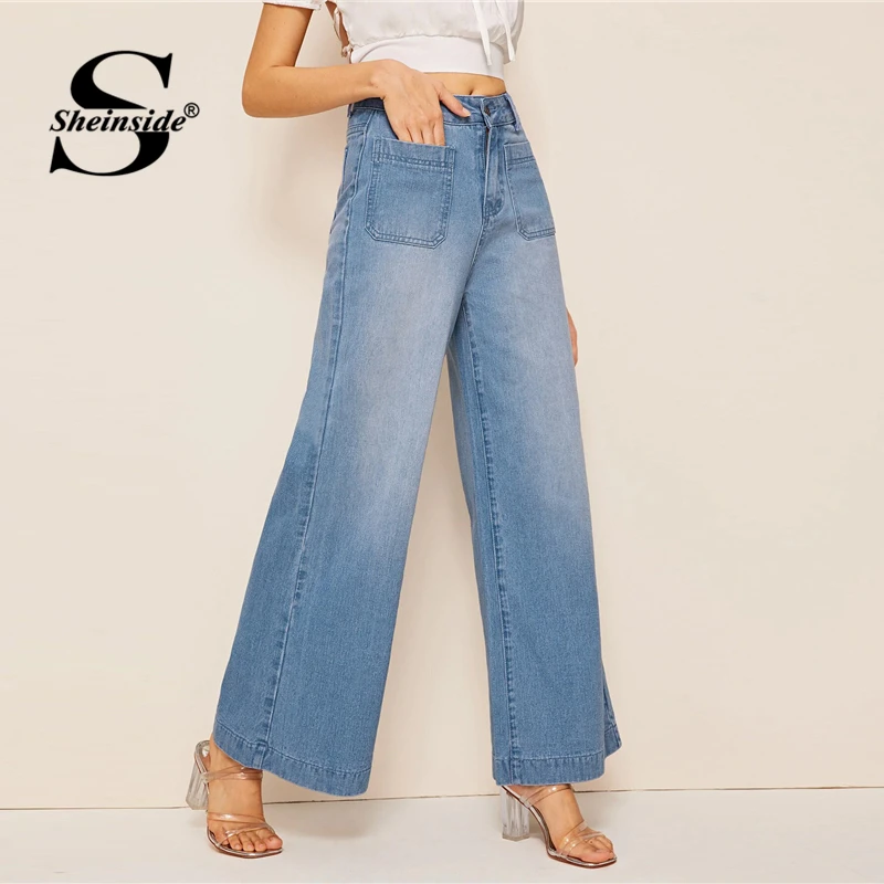 Sheinside Blue Vintage Double Pocket Detail Jeans Women Summer Mid Waist Wide Leg Trousers Ladies Denim Button Pants