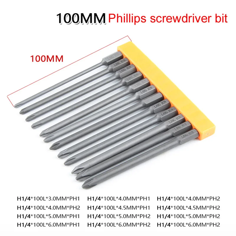

12pcs Magnetic Philips Screwdriver bits Set 1/4 Inch 6.35mm Hex Shank Harden S2 Alloy Steel 100mm Long Cross head bit PH1 PH2