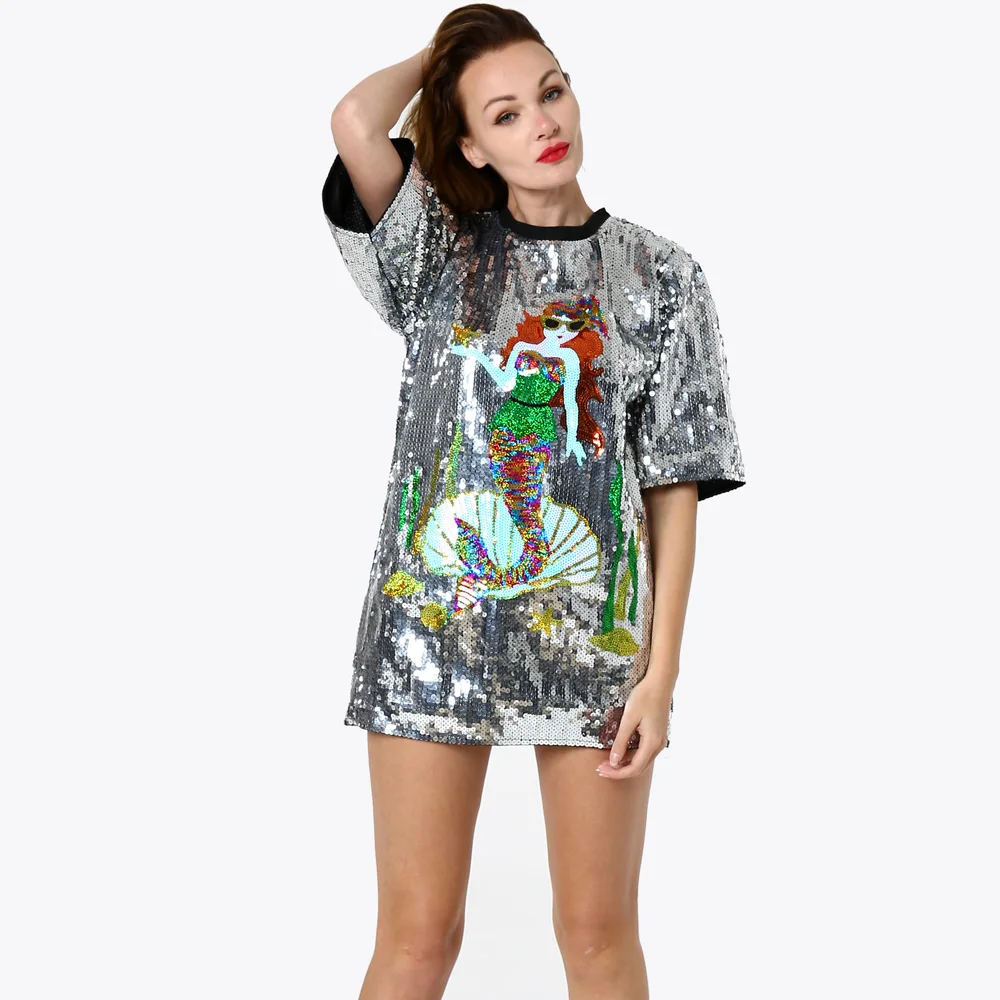 Новинка 2019 женская футболка с милыми блестками и рисунком русалки летняя модная