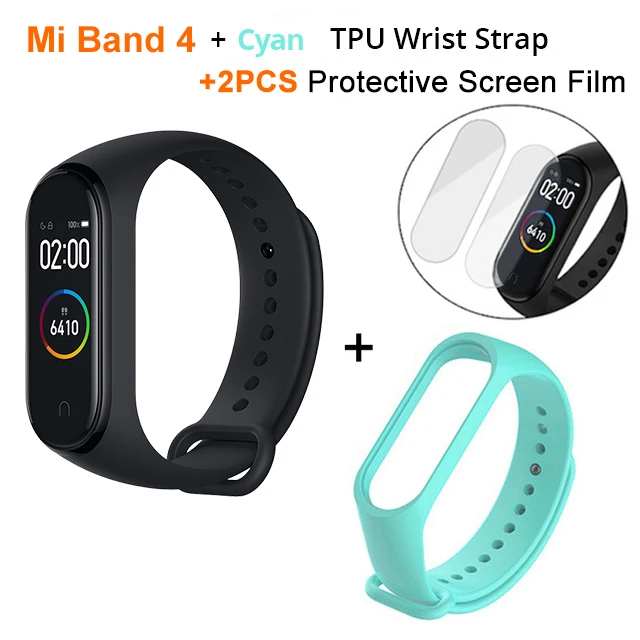 films n Cyan strap Новейший Xiaomi mi-браслет 4 Smart mi Band 4, фитнес-браслет с частотой сердечных сокращений 135 мАч, цветной экран, Bluetooth 5,0 - Цвет: films n Cyan strap