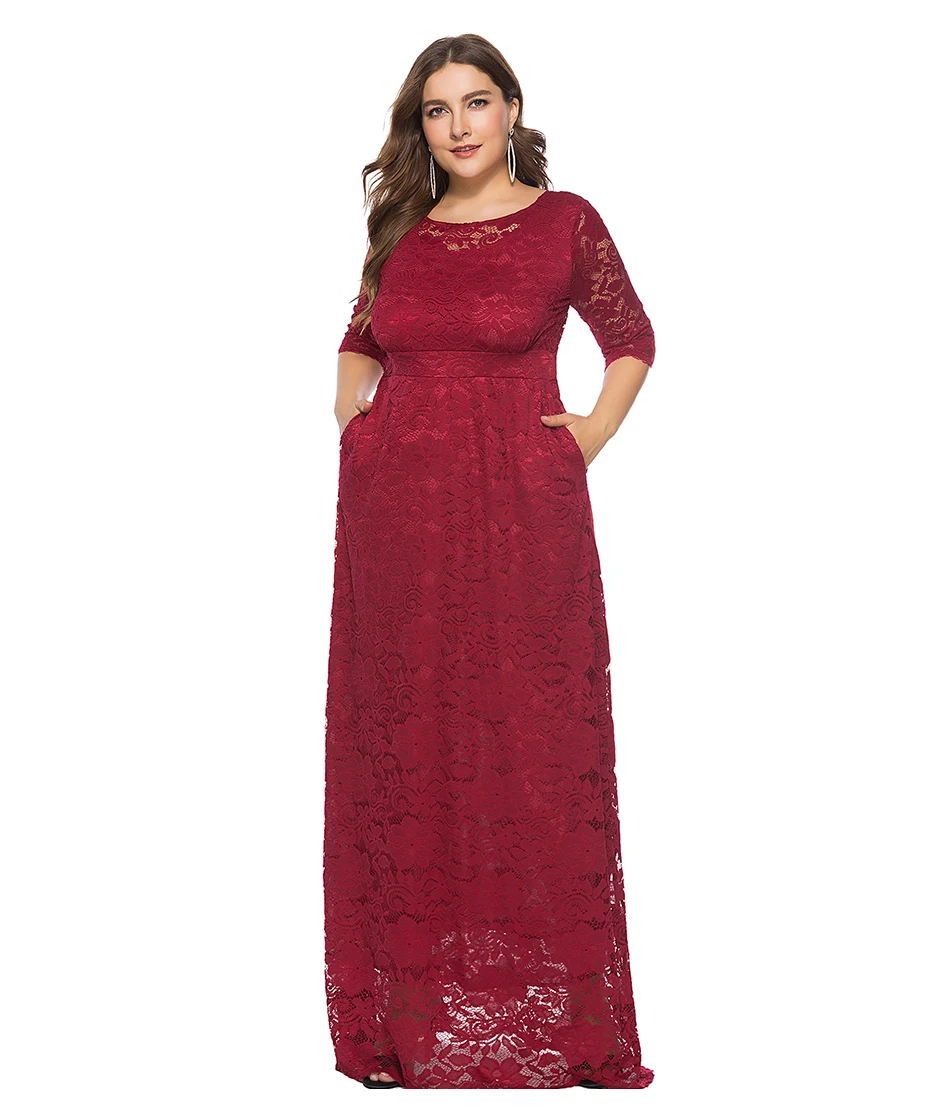 Miaoke Plus Size Red Maxi Lace Dress Women Clothing High Quality Fashion Vintage Sexy Club Party Elegant Dresses