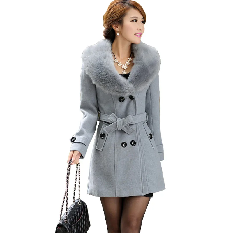 

2019 Korean Version New Woolen Coat Large Fur Collar Long Section 5XL Code Women's Woolen Coat Slim Jacket Female Autumn Winter