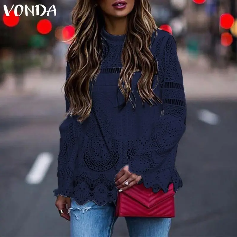 VONDA, женская сексуальная блуза с полым верхом,, повседневная, с длинным рукавом, с неровным подолом, для вечеринки, Blusas, пляжные топы, женская рубашка размера плюс, одежда