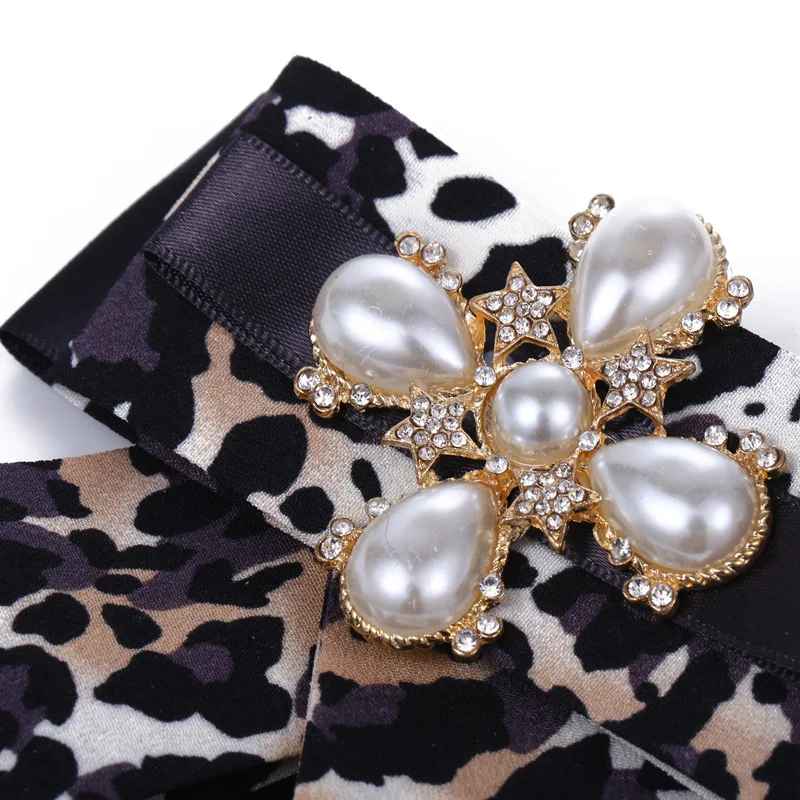 Fashion leopard bow brooch exaggerated retro collar flower large pearl tie | Ties