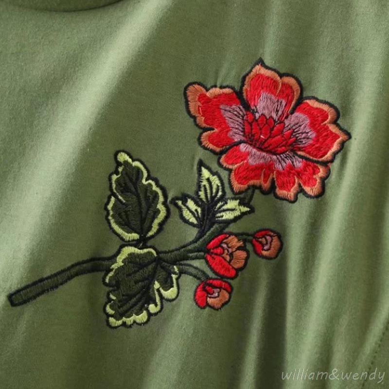 Для женщин летние милые короткий рукав o-образным вырезом цветок вышивка T