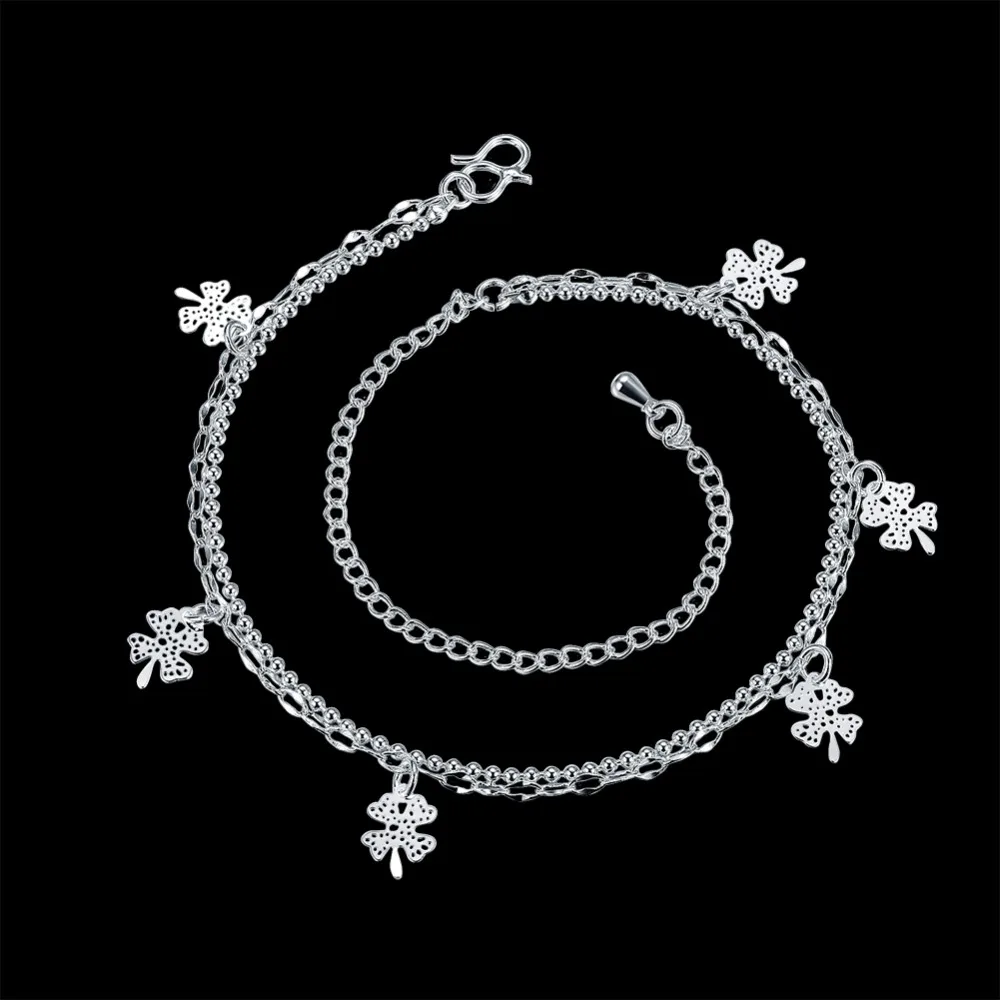 Женский браслет на ногу Lucky Green Посеребренная цепочка с изображением клевера и