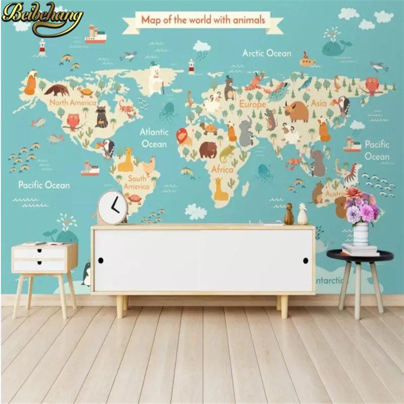 

beibehang custom Photo Wallpaper 3D Cartoon Animal World Map Landscape Mural Living Room Bedroom TV Sofa Backdrop Wall Covering