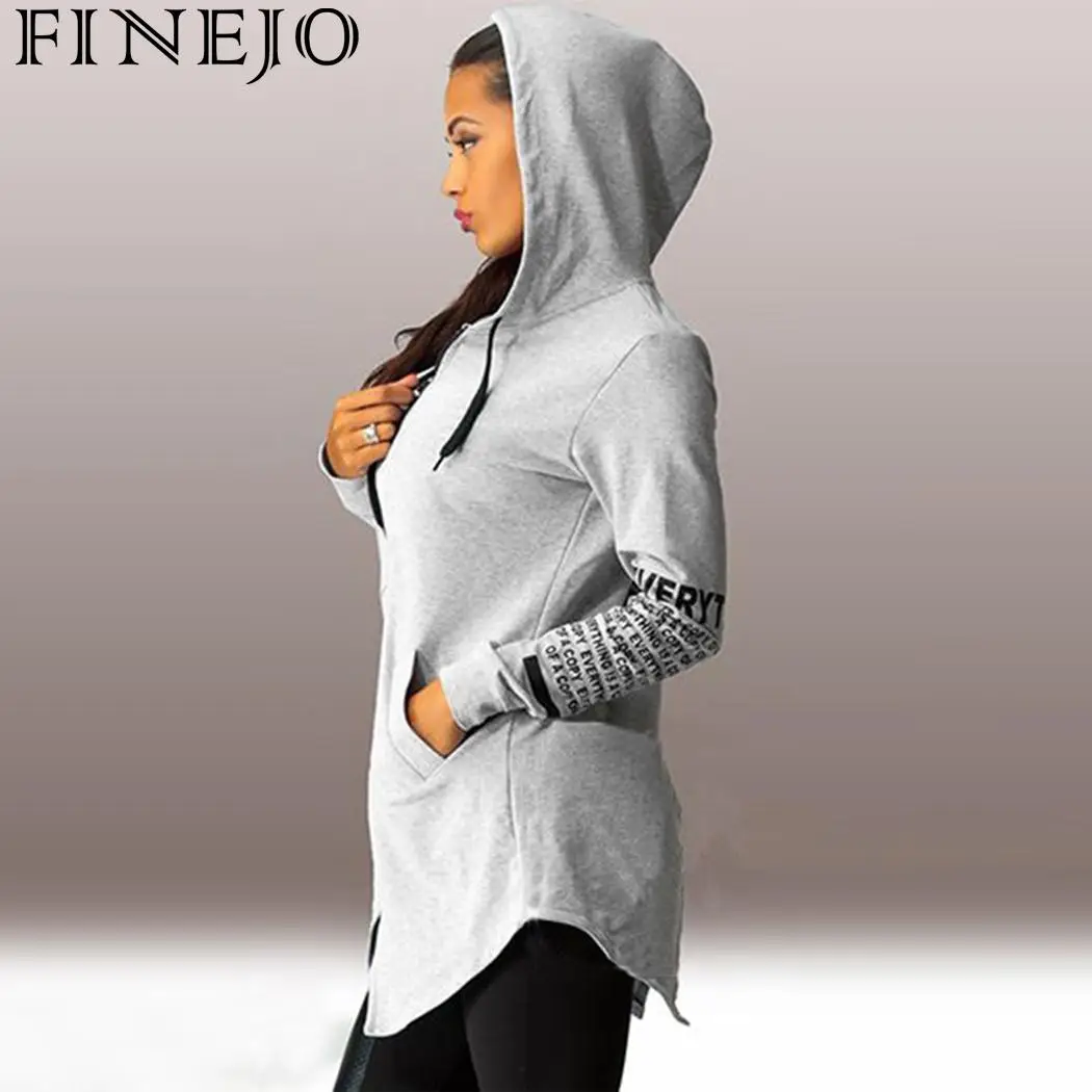 FINEJO, черные женские толстовки, длинные, Осень-зима, толстовки с буквенным принтом, Harajuku, серая толстовка, туника, пуловер, sudadera mujer