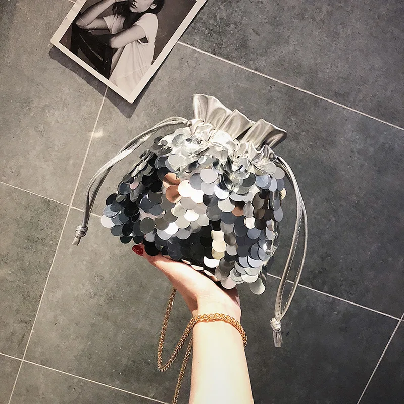 

Новая Корейская Индивидуальная сумка-ведро 2019, брендовая модная сумка с блестками из искусственной кожи, сумка через плечо с цепочкой, женс...