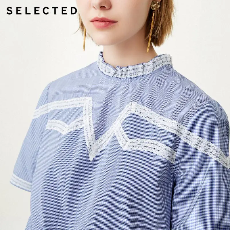 SELECTED Women's 100% Cotton Stripe Lace Splice Mock Neck Short-sleeved Shirt SIG|4183W3504 |