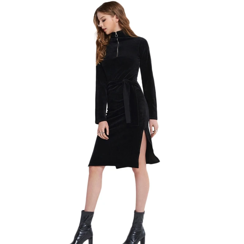 HDY Haoduoyi Brand Women Black Slim Velvet Dresses Slip One Side Belt Waist Zipper Turtleneck Female Elgenat Vestidos Lady | Женская