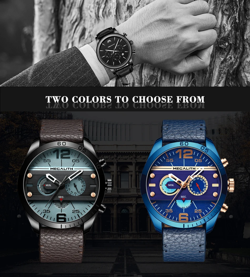 MEGALITH Топ бренд военные спортивные часы для мужчин модные водонепроницаемые синий кожаный ремешок кварцевые наручные часы Мужские часы Reloj Hombre