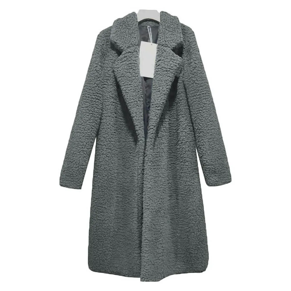 Black gray Женское пальто с длинным рукавом, теплое, с отворотом, модное, средней длины, одноцветное, для зимы, GDD99 - Цвет: Black gray