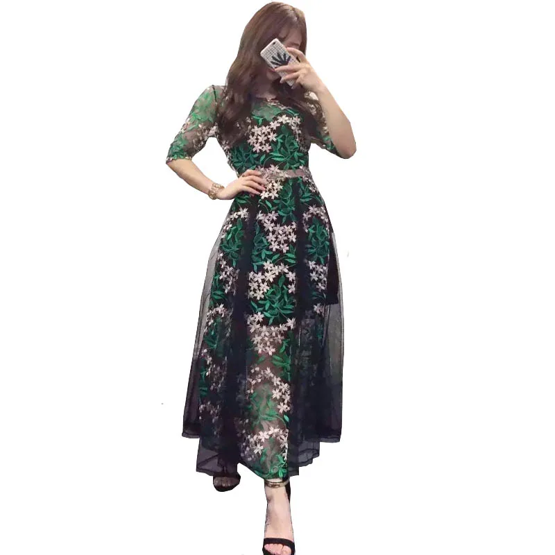 Модные весенне зеленые летние платья для женщин ретро Цветочная вышивка милое