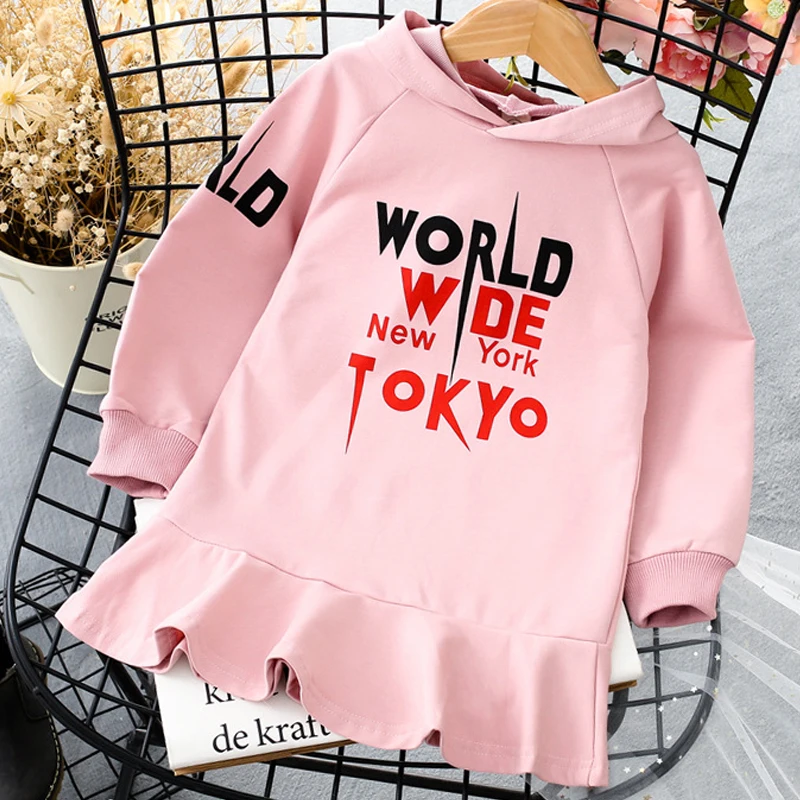 Girls Dresses 2018 Autumn New Children's Clothing Casual Sweet Letter Long Sleeve Hooded Ruffled Sweater Dress | Детская одежда и