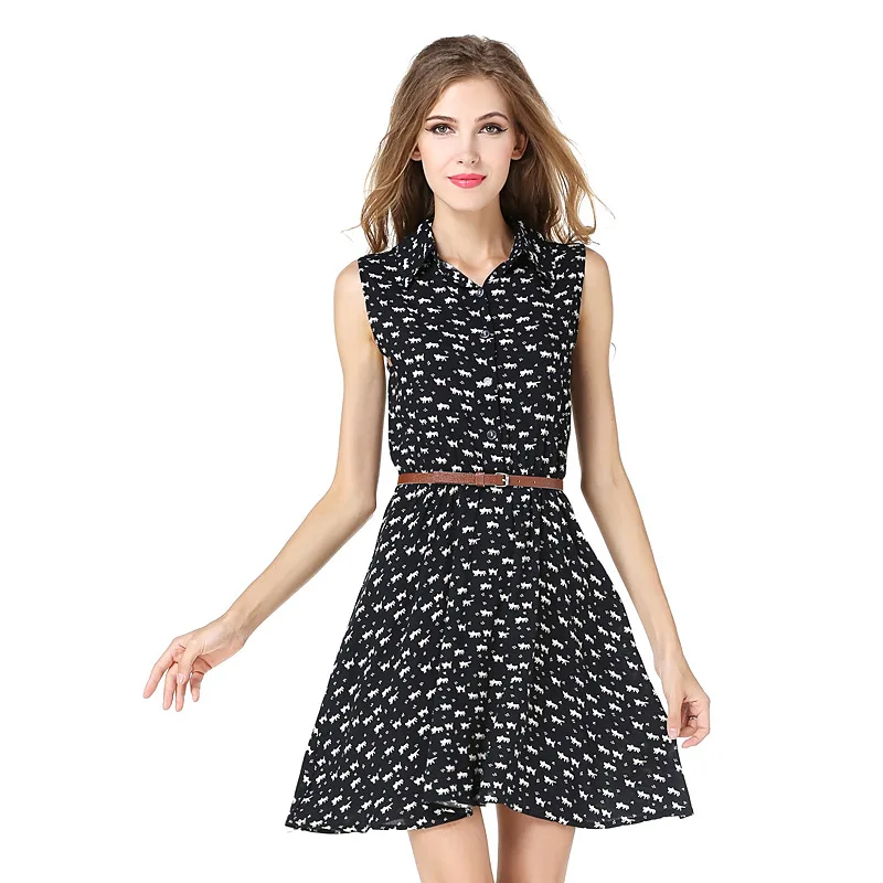 Женское платье 2021 модное новое популярное мини с принтом кошки тонким поясом и
