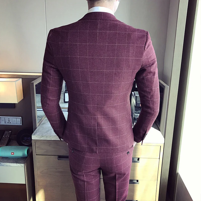 

Men Plaid Groom Prom Wedding Dress Slim 3 Piece Suit Sets Gentlemen Business Classic Tuxedos Blazers Set (Jacket+Pant+Vest)