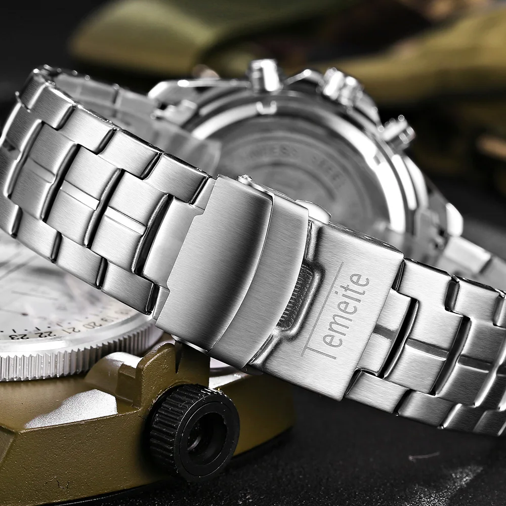 Многофункциональный мужские часы TEMEITE Брендовые наручные кварцевые нержавеющая