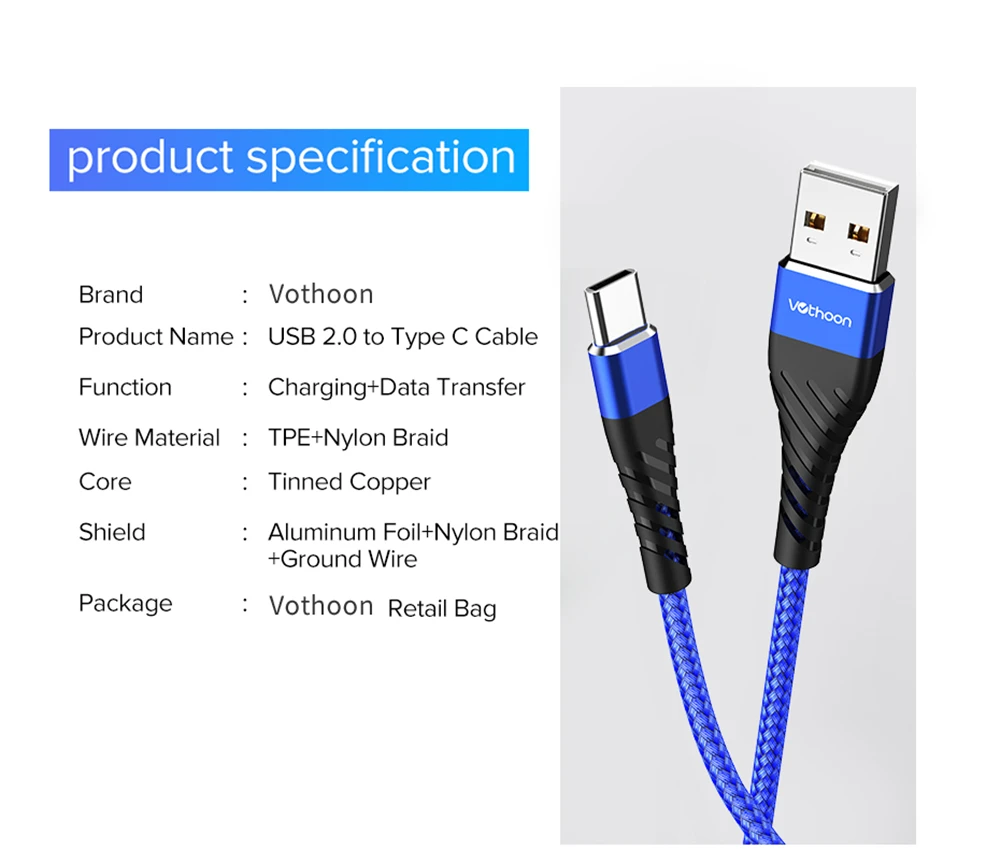 Vothoon Тип usb C 3A кабель быстрое зарядное устройство QC 3,0 Для Xiaomi Mi9 Mi8 samsung S10 S9 Plus Note 9 Быстрый зарядный кабель для зарядки телефона