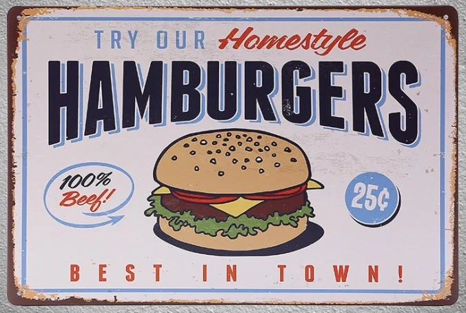 

1 pc Hamburgers Homemade Beef Best Try Restaurant shop Tin Plate Sign wall plaques Man cave vintage Dropshipping metal Poster