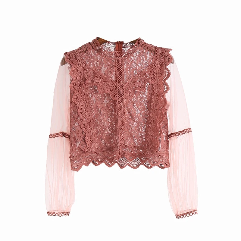 Женская кружевная блузка Young Gee Весенняя с длинным рукавом фонариком 2018|blusas
