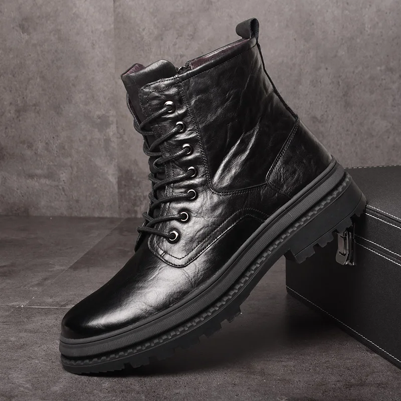 OSCO/зимние ботинки Martens из натуральной кожи Мужская обувь черные в байкерском