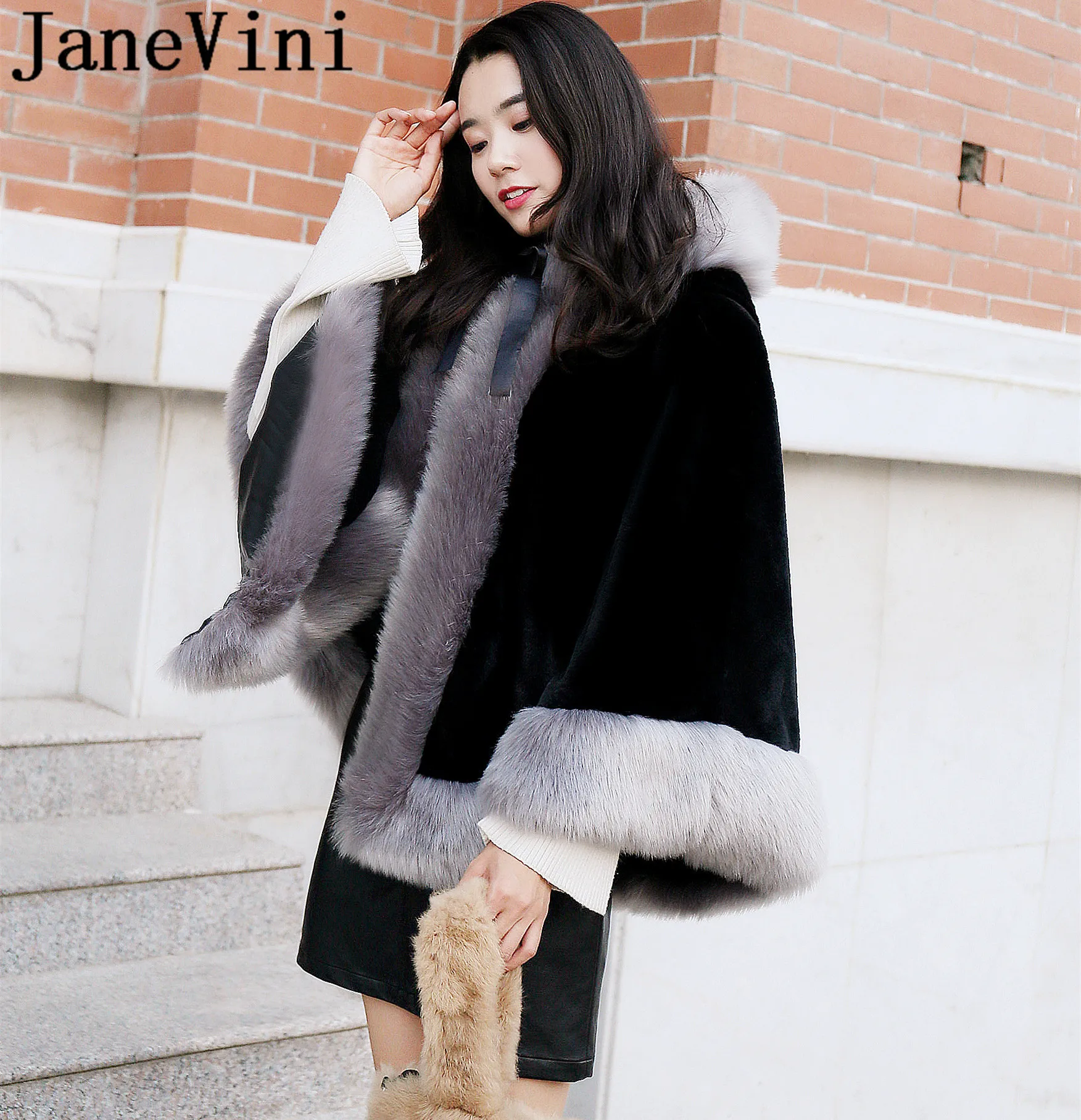 Женское болеро с капюшоном JaneVini зимнее Болеро из искусственного меха бордовое