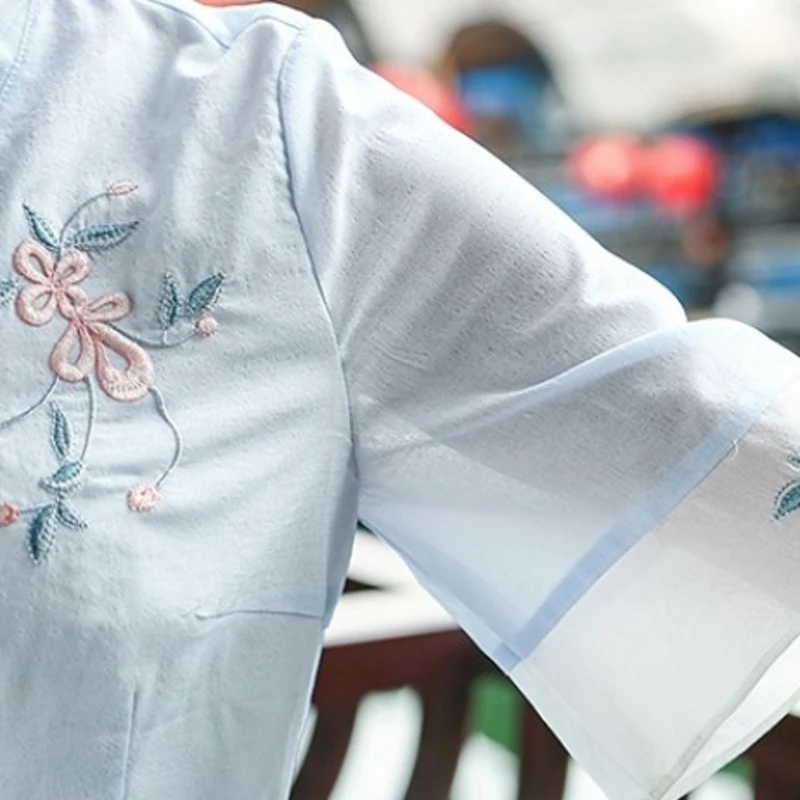 

High Quality Bow Embroidery Belt Retro Vintage Dresses Women Summer Half Sleeve Slim V-Neck Casual Mid Long Dress Ladies Clothes