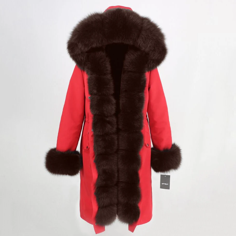 red dark brown Зимняя куртка женская X-long Parka непромокаемая Верхняя одежда натуральный мех пальто натуральный Лисий Мех капюшон Роскошная Верхняя одежда Съемная бренд - Цвет: red dark brown