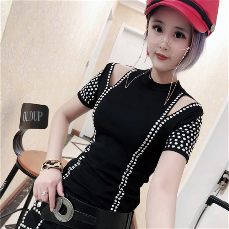 Футболки с бриллиантами лето 2019 женская футболка коротким рукавом стразы