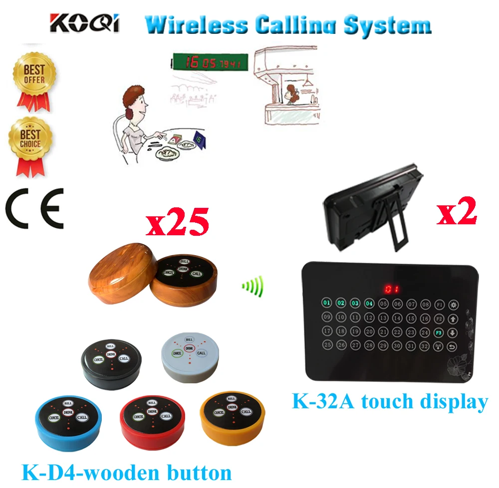 

Wireless Waiter Table Buzzer Bell System Table Buzzer Call For Restaurant 433.92MHZ(2 display+25 call button)