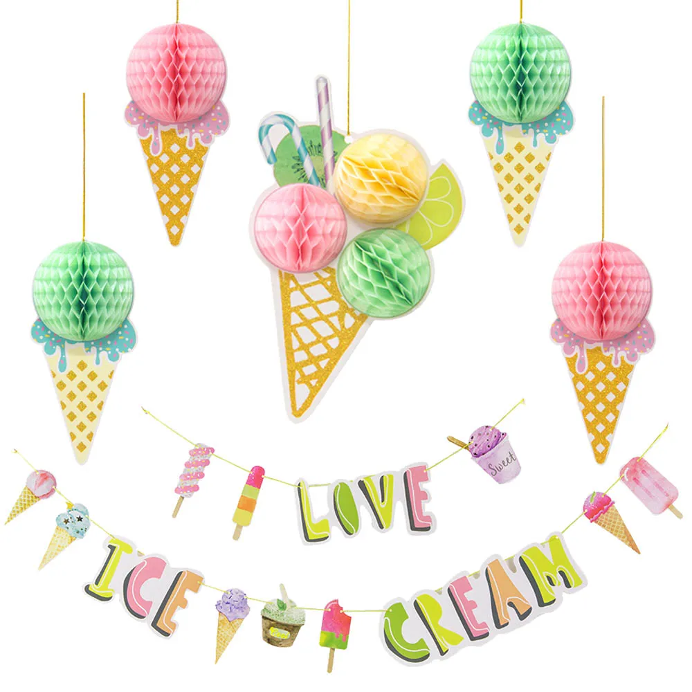 

Ice Cream 3D Honeycomb balls Colorful Popsicle Banner Summer Party Ice Cream Bar Garland Tropical Kids Birthday Party Decoration