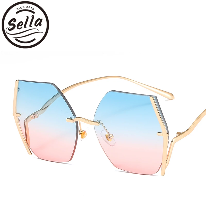 blue pink Sella трендовые Модные женские и мужские негабаритные Квадратные Солнцезащитные очки без оправы брендовые дизайнерские градиентные линзы океанского цвета солнцезащитные очки - Цвет линз: blue pink