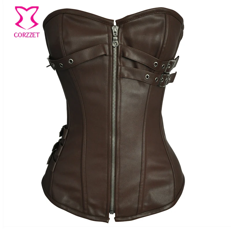 Корсет из коричневой кожи на молнии бюстье сексуальные корсеты большие размеры