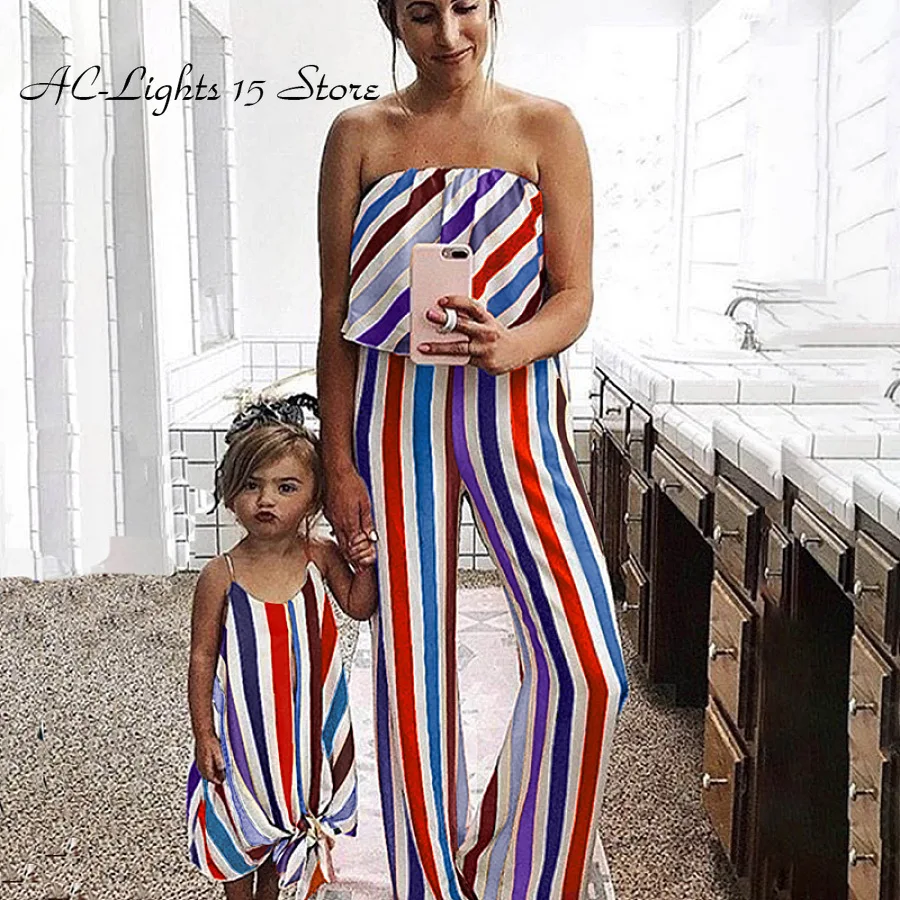 Полосатый комбинезон без рукавов для мамы и дочки Одежда Одинаковые комплекты