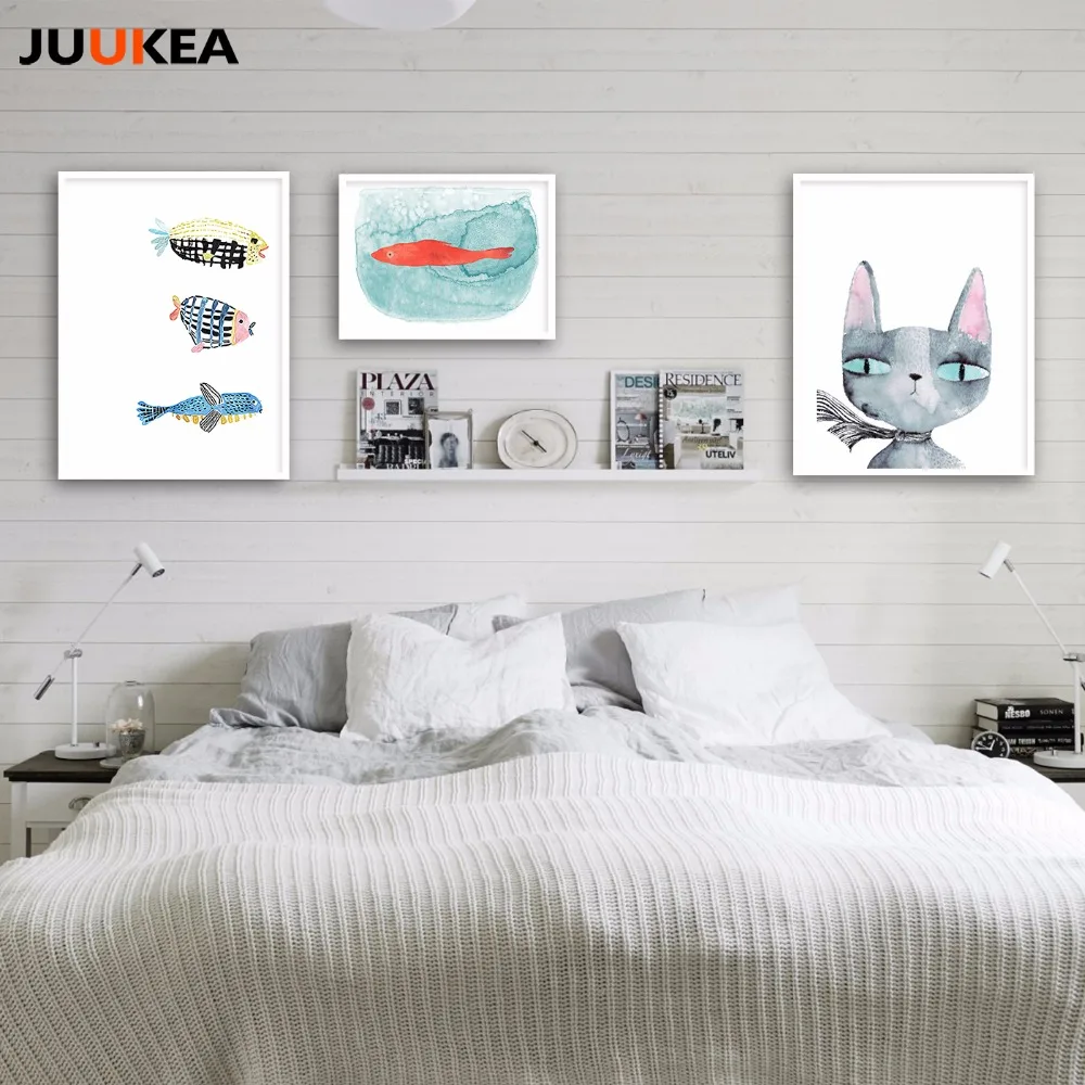 Современные Nordic Минималистский рыбы и кот акварель холст Холсты для рисования