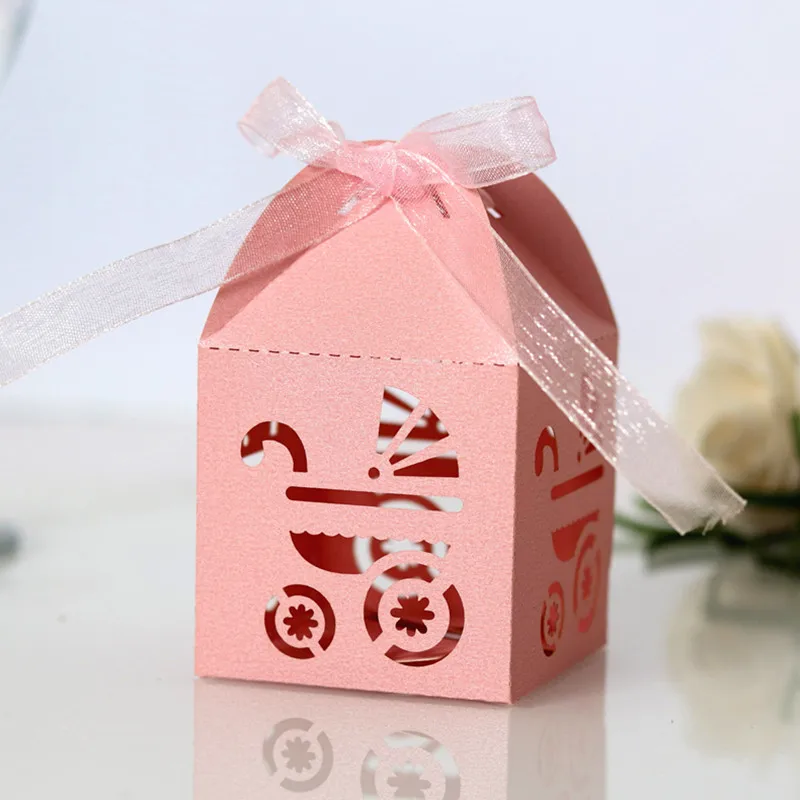10 шт. Baby Shower Лазерная резка полые перевозки коробка для конфет с лентой День