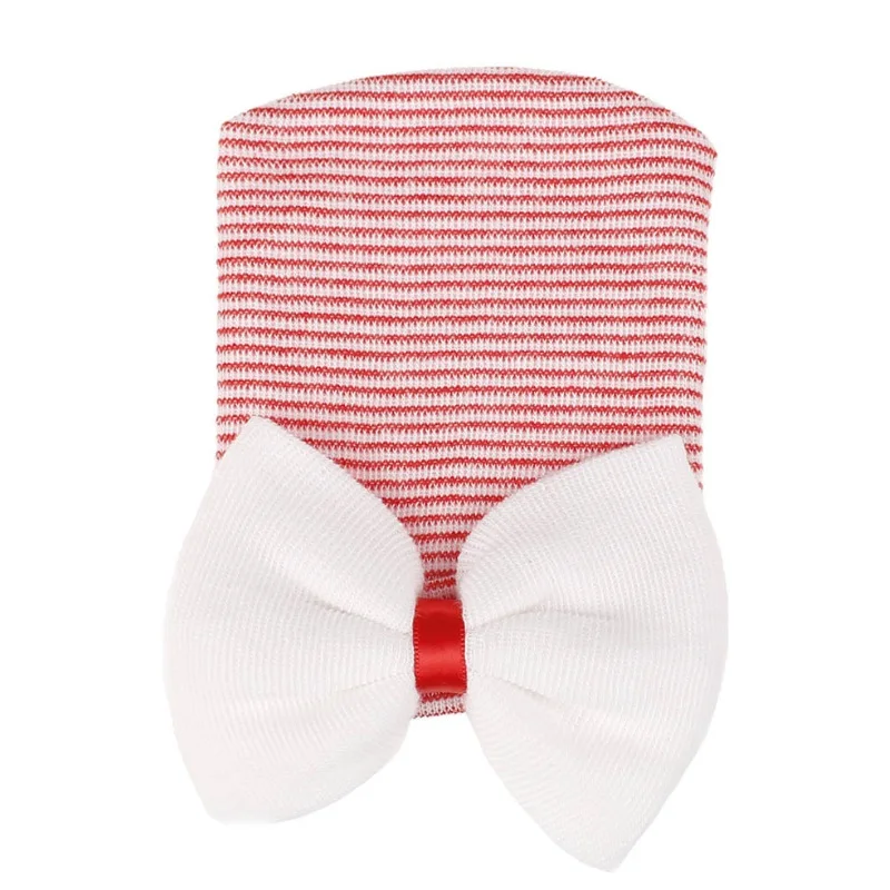white bow hat Новорожденная детская шапка для младенцев детская теплая шапка полосатые шапки мягкие больничные шапки для девочек вязаные шапочки с бантом для новорожденных 0-3 м отправка сережек в подарок - Цвет: white bow hat